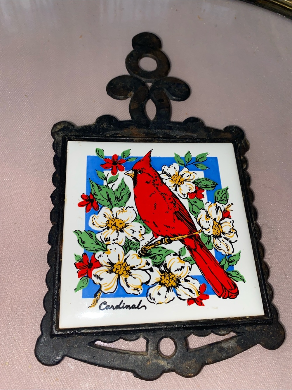 Vintage 1970’s red Cardinal Decorative Hanging tile trivet/hot plate holder